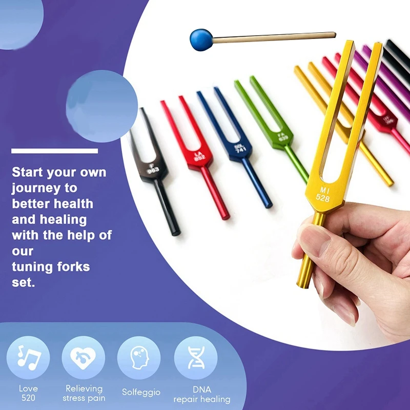 9 Pieces Set Chakras Solfeggio Aluminum Tuning Fork Body Spiritual Heart Massager for Sound Voice Therapy with Mallet Hammer A3