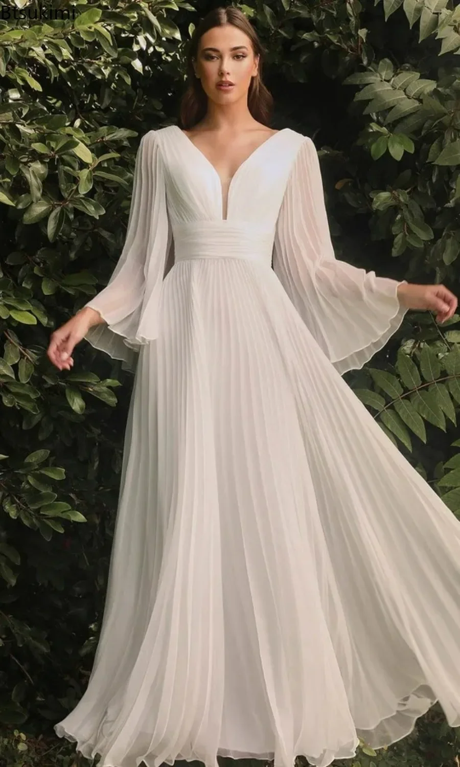 2024 Women\'s Elegant Evening Party Dress Long Sleeve Sexy Deep V Neck White Floor Length Dresses Female Wedding Gowns Prom Robes