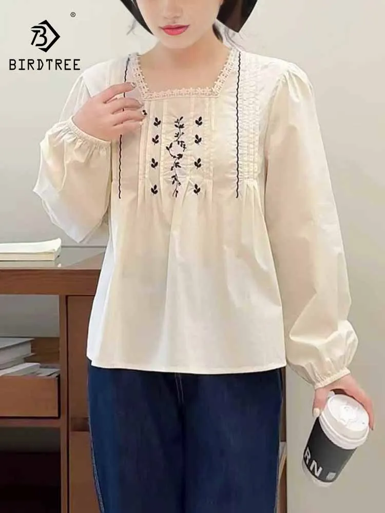 

New 2025 Autumn Cotton Long Sleeve Shirt, Women Square Collar Embroidery, Mori Girl French Retro Sweet Loose Blouse T57616CC