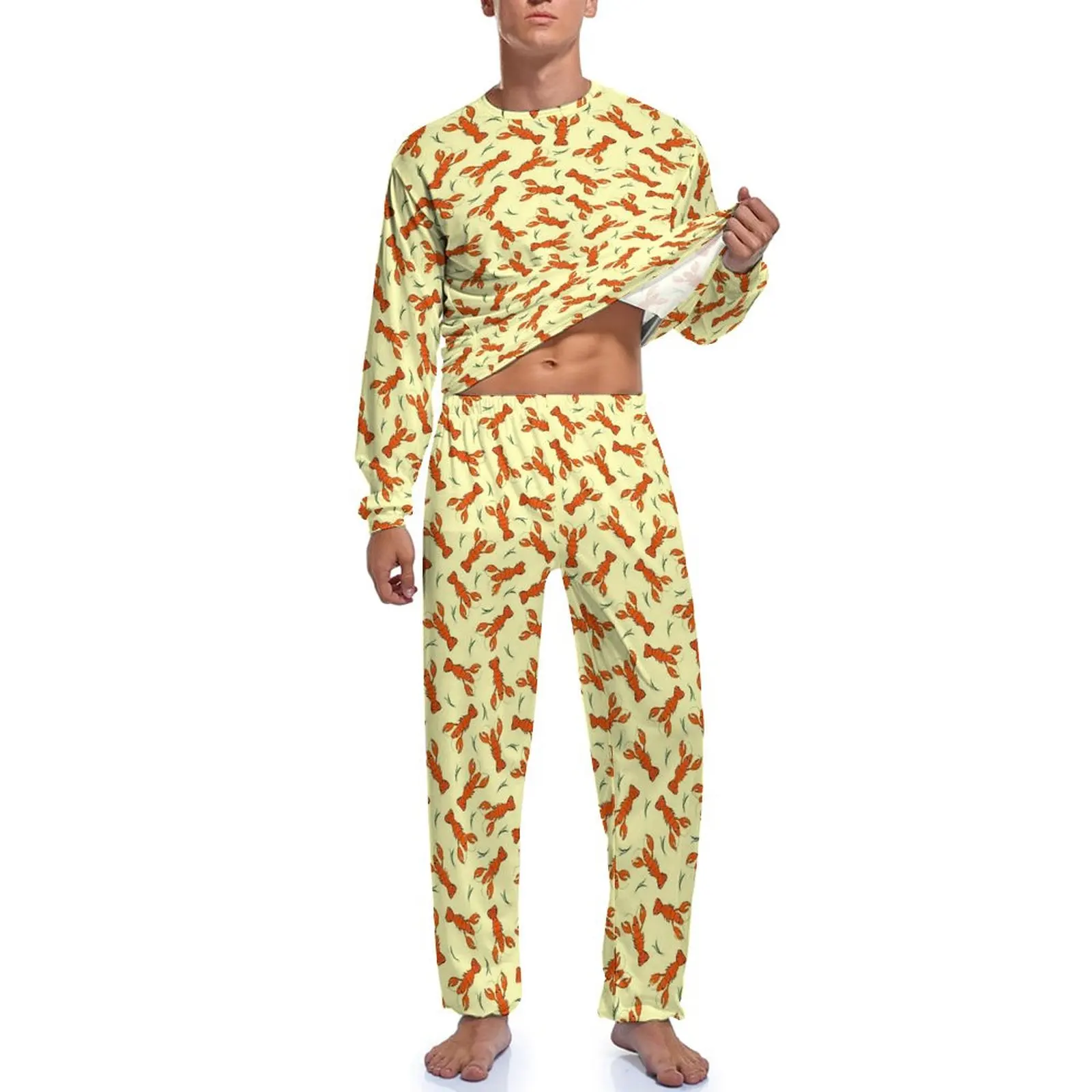 Cartoon Lobsters Pajamas Male Funny Animal Kawaii Nightwear Autumn Long Sleeve 2 Pieces Leisure Graphic Pajamas Set