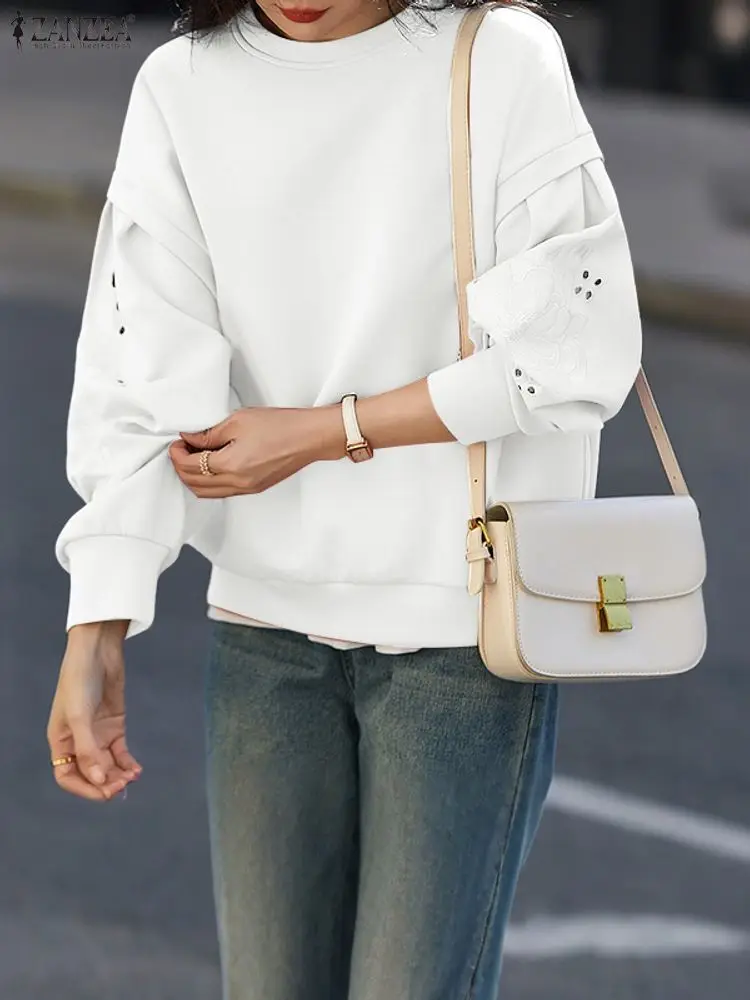 ZANZEA Autumn Women Embroidery Sweatshirts Long Sleeve Pullovers Casual Solid O-Neck Fashion Sweatshirt 2025 Winter Outerwear #4