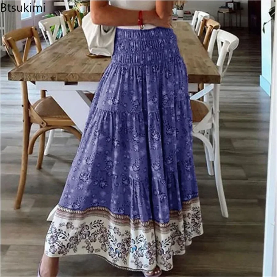 Boho Style Print Maxi Skirt Women's Summer Vintage Big Hem High Waist Skirt Trend Casual Versatile A-line Beach Long Skirt Femme