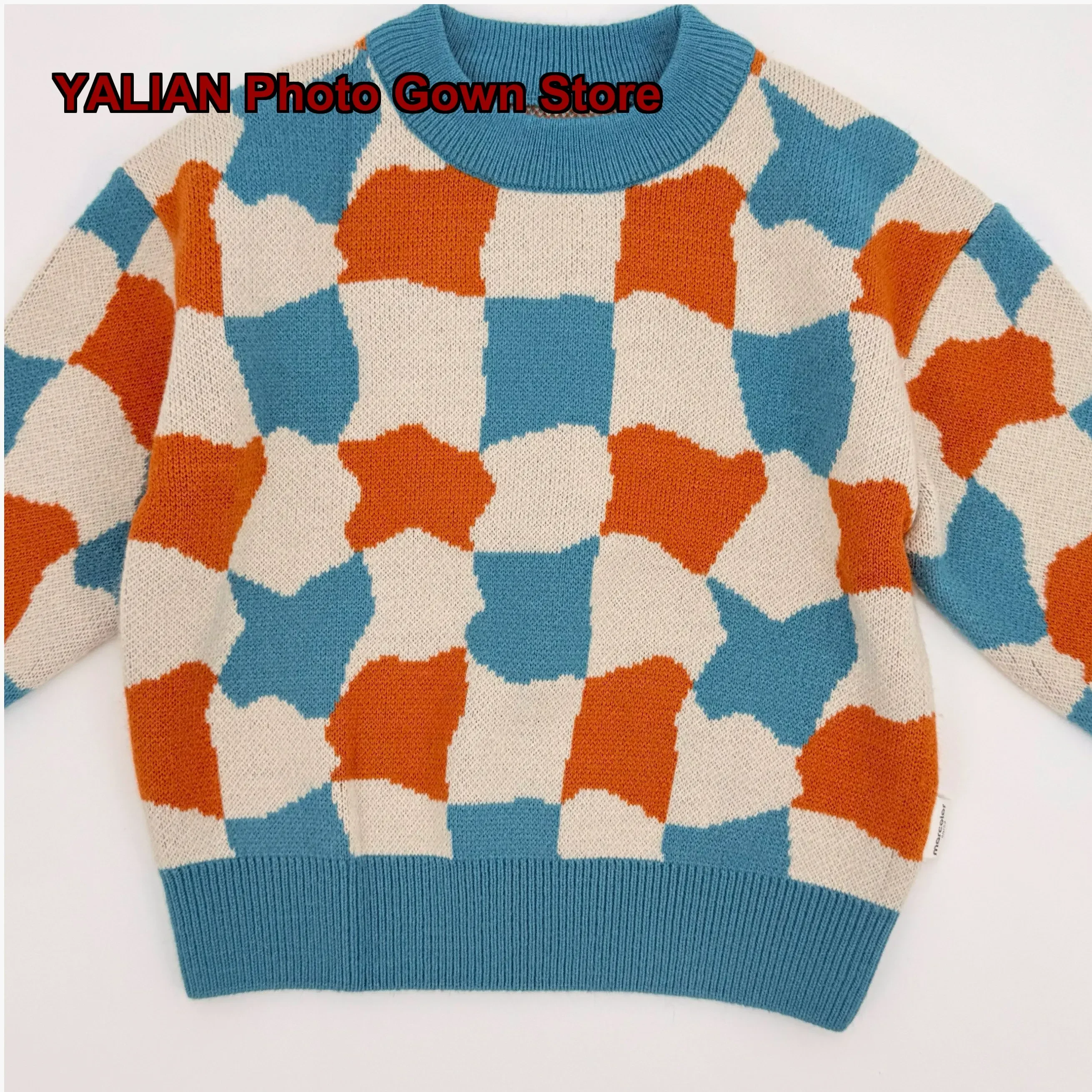 Boys Plaid Color Block Knit Vest Orange Blue