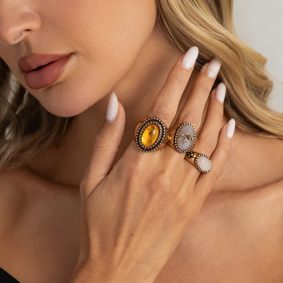 3PCS/SET Geometric Gold Metal Vintage Oval Resin Crystal Stone Rings Set for Women Girls Alloy Jewelry
