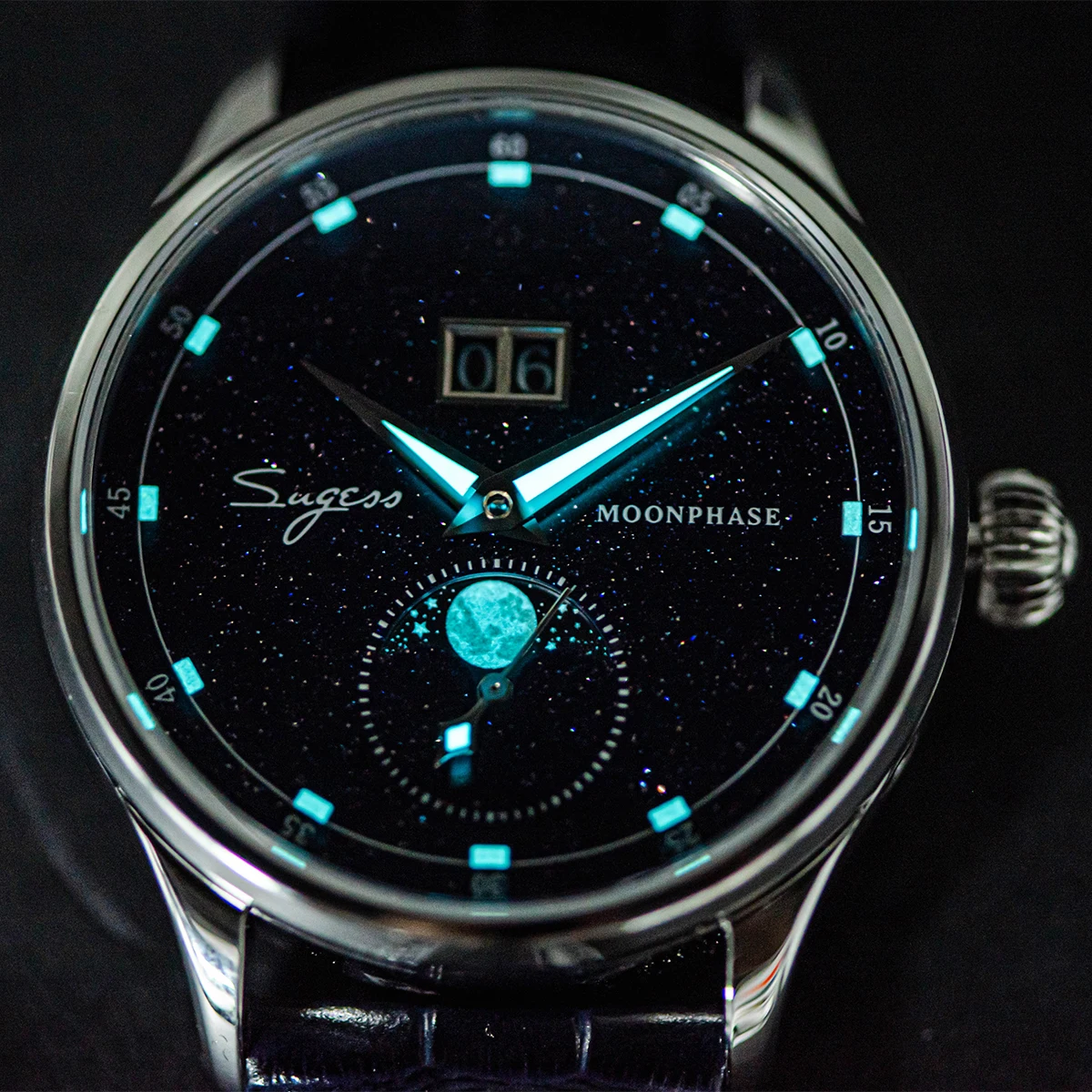 Sugess origine ST2528 mouvement montre-bracelet mécanique hommes montre de luxe véritable cadran en pierre bleue boîtier en acier inoxydable horloge phase de lune