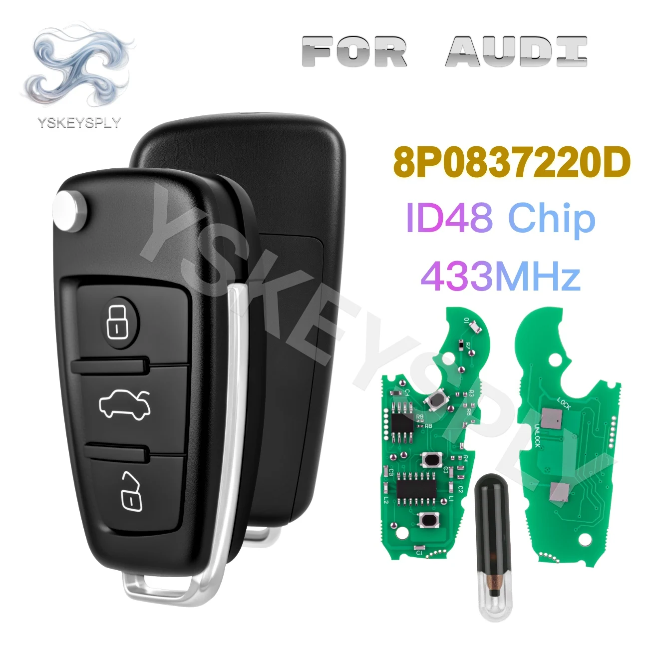Remote Key Fob — For Audi A6L A1 A3 TT S1 S3 Q3 Q7 433 MHz ID48 Chip Flip Folding Key 3-Button No Logo Uncut Blade