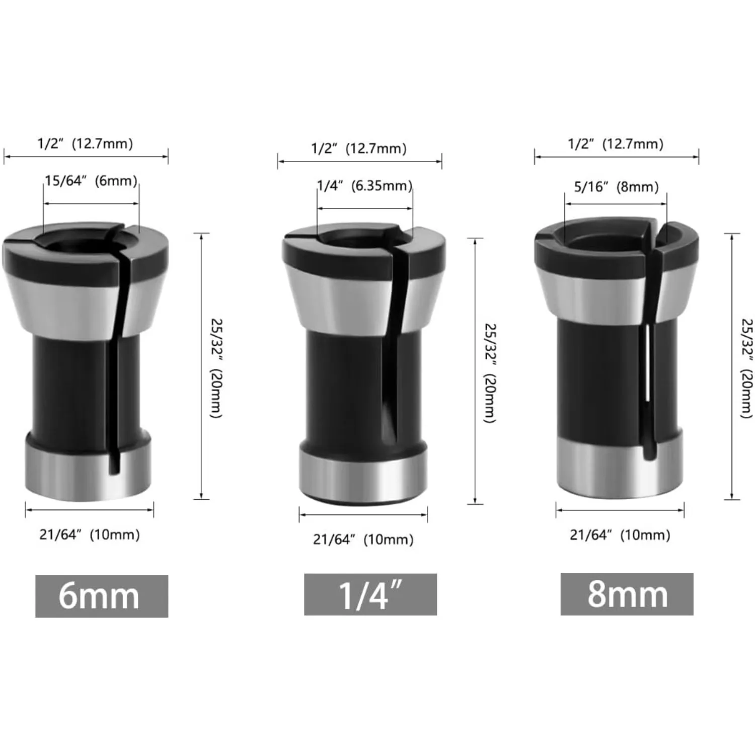 3pcs High Precision Trimmer Collet Adapter Router Bit Collet Chuck Clamping Adapter for Engraving Trimming Machine