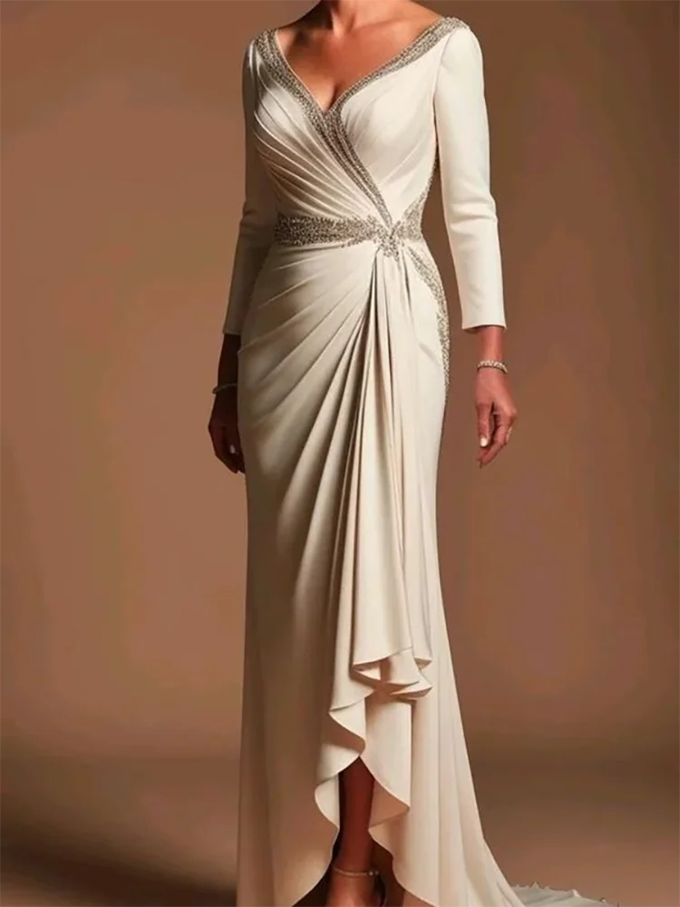 

Classic V-Neck Chiffon Full Sleeve Pleat Straight Mother Of Bride Wedding Dresses Bridal Gowns Customized