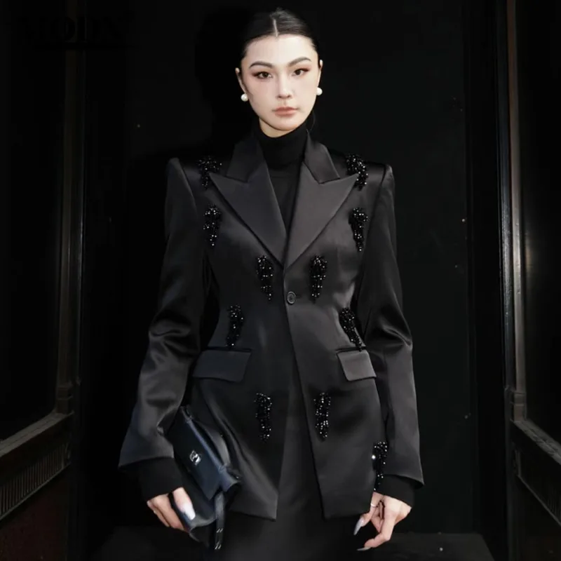 

[MODX] 2024 Autumn/Winter New Style High End Black Satin Nail Beaded Suit Coat