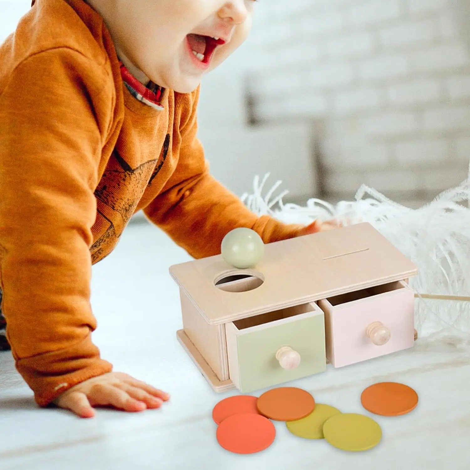 Montessori Coin & Pitching  Color Shape Sorting Matching Baby Toys,  2-in-1 Drop Box Object Permanent Box，Gift for Toddler