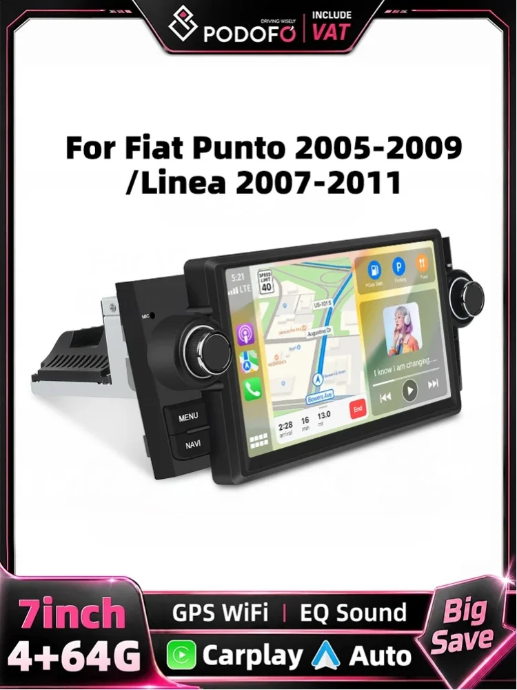 Podofo Carplay Android Auto Autoradio 4GB 64GB Android Multimedia Player mit GPS Bluetooth FM RDS Empfänger für FIAT Punto 2005-2009 Linea 2007-2011 Auto-Audiosystem-Upgrade