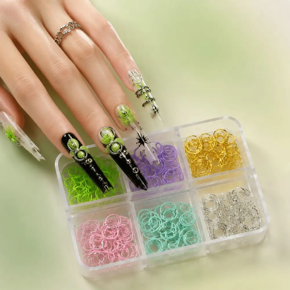 6Grids Nail Art Assortment Box Multi‑Size Metal Open Jump Rings Hollow Circle Punk Loop Charms For Home DIY Acrylic Manicure