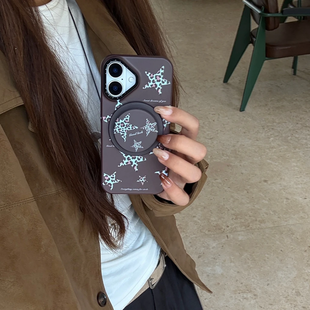 

Creative Advanced Blue Leopard Print Star With Holder Magnetic Wireless Charging Phone Cover Case for iPhone 16 15 14 13 Pro Max