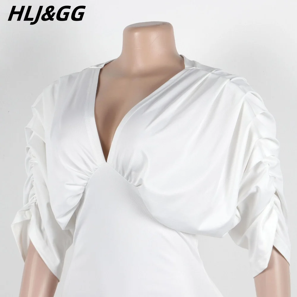 HLJ&GG Weiß Elegante Dame Tiefe V Bodycon Mid Kleider Frauen Geraffte Hülse Zurück Hohl Bandage Schlitz Schlank Vestidos herbst Kleidung