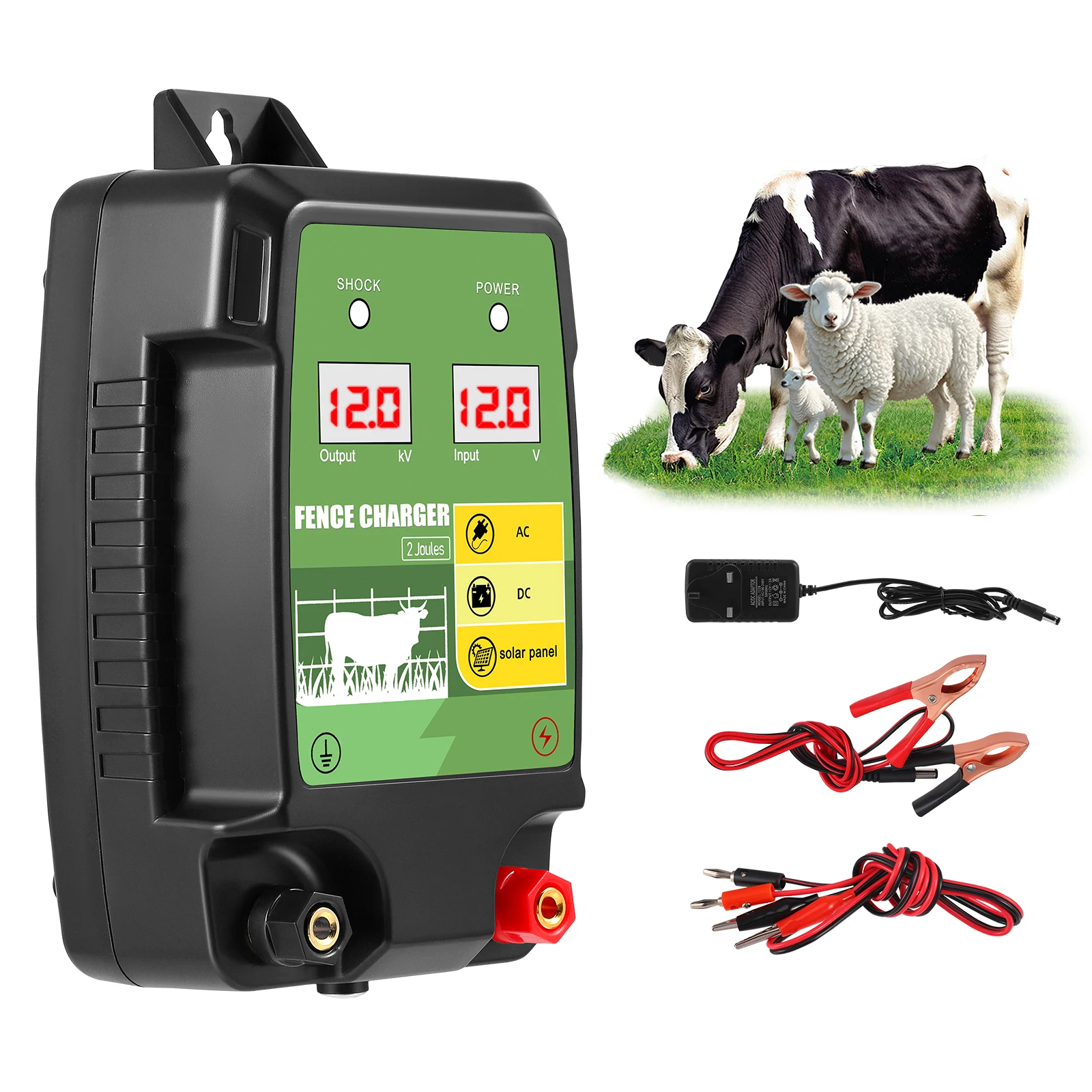 10KM Electric Fence Energizer 2 Joule With LCD Display 12V Energizer Controller for Farm Livestock Cows Cattle Horse