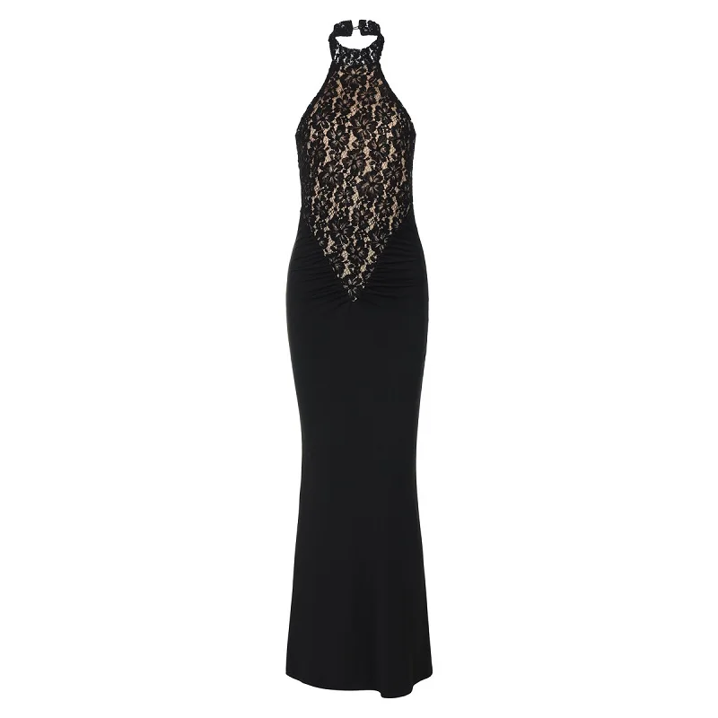 Y2k Fashion Lace Halter Backless Sexy Maxi Dress For Women Black Off-Shoulder Strapless Sleeveless Bodycon Club Party Long Dress
