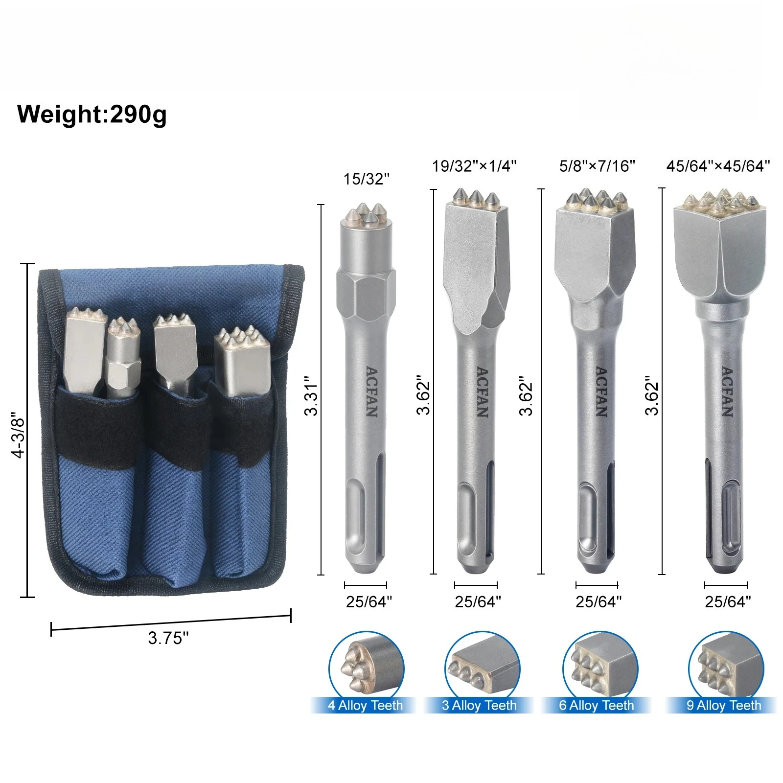 

For Concrete Scarifying & Mortar Removal Mini SDS-PLUS bushing Bit Set (4-Piece 3/4/6/9 Teeth) Portable Pouch