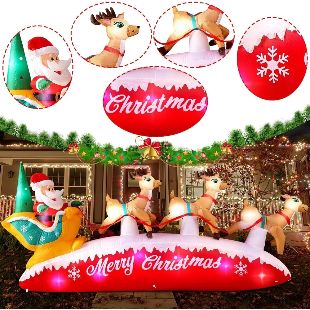 10FT Long Christmas Inflatables Santa Claus with Reindeer Sleigh Outdoor Decorations, Build-in Rotating Colorful LEDs