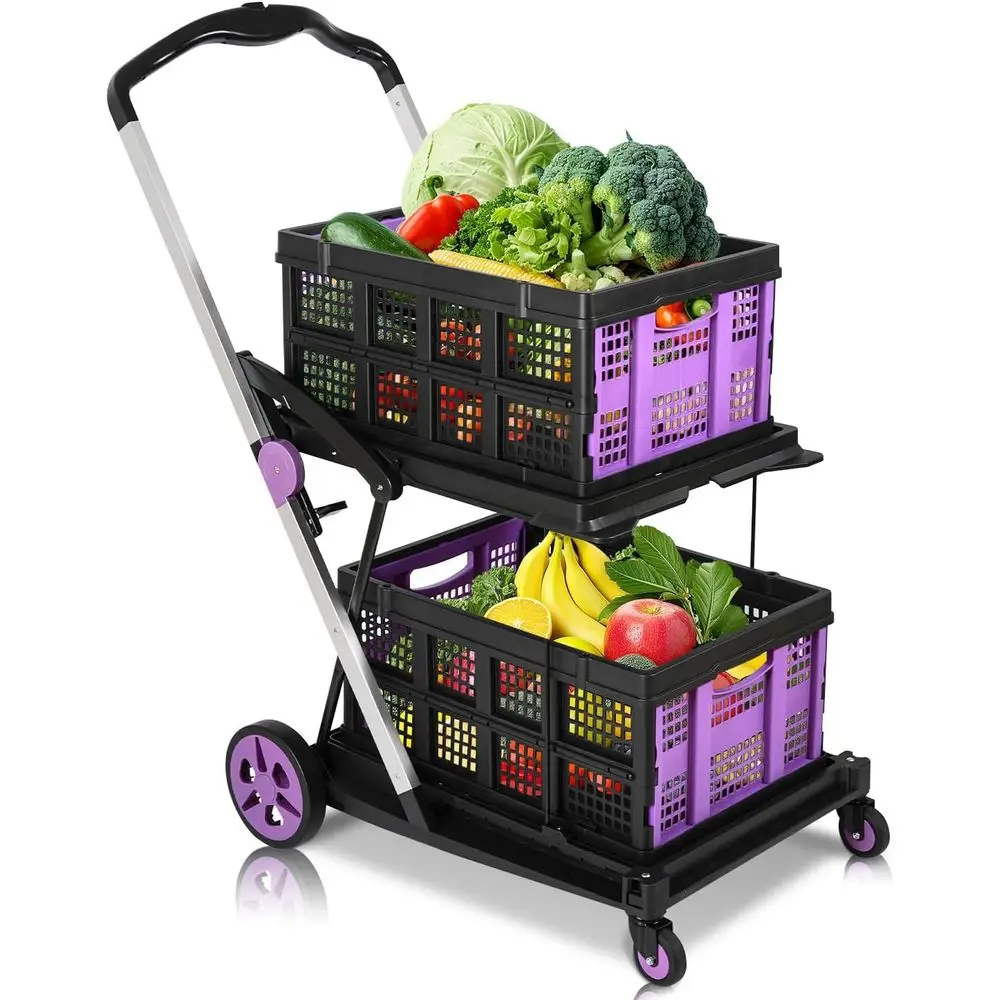 

Adjustable Portable Utility Cart with 360° Swivel Wheels and 2 Storage Bins for Picnic, Supermarket Use
