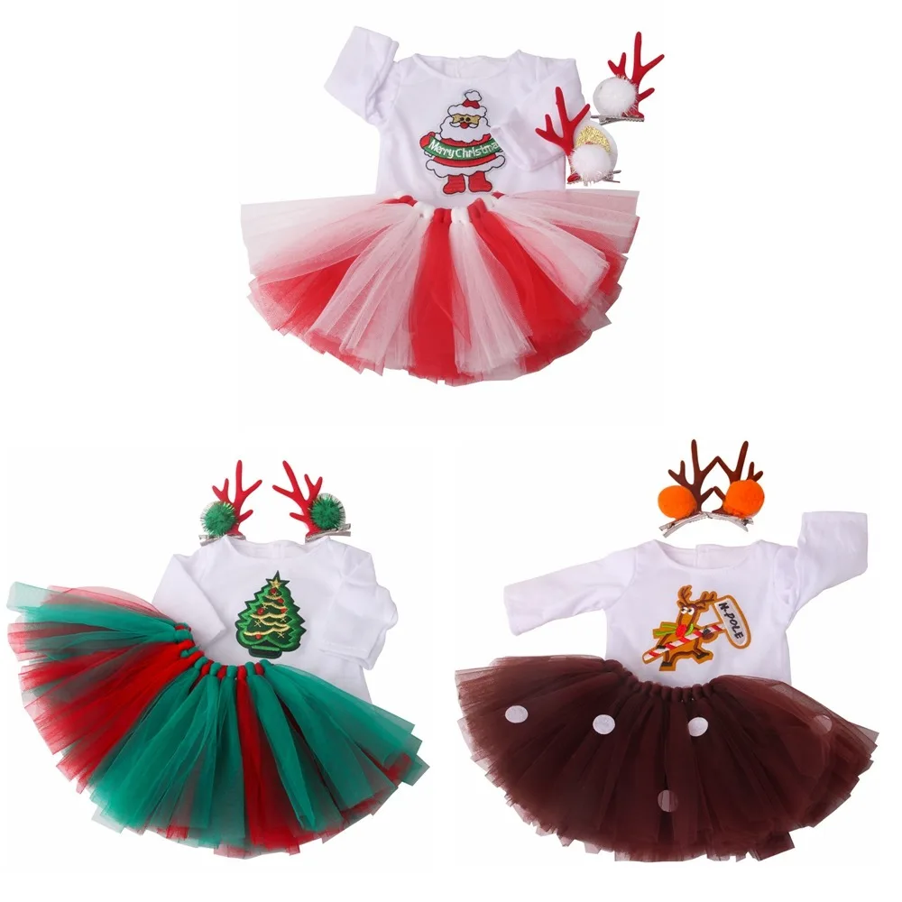 Roupas de boneca americana para o Natal, vestido de manga comprida, 2 alce hairpins, terno bonito, 18"