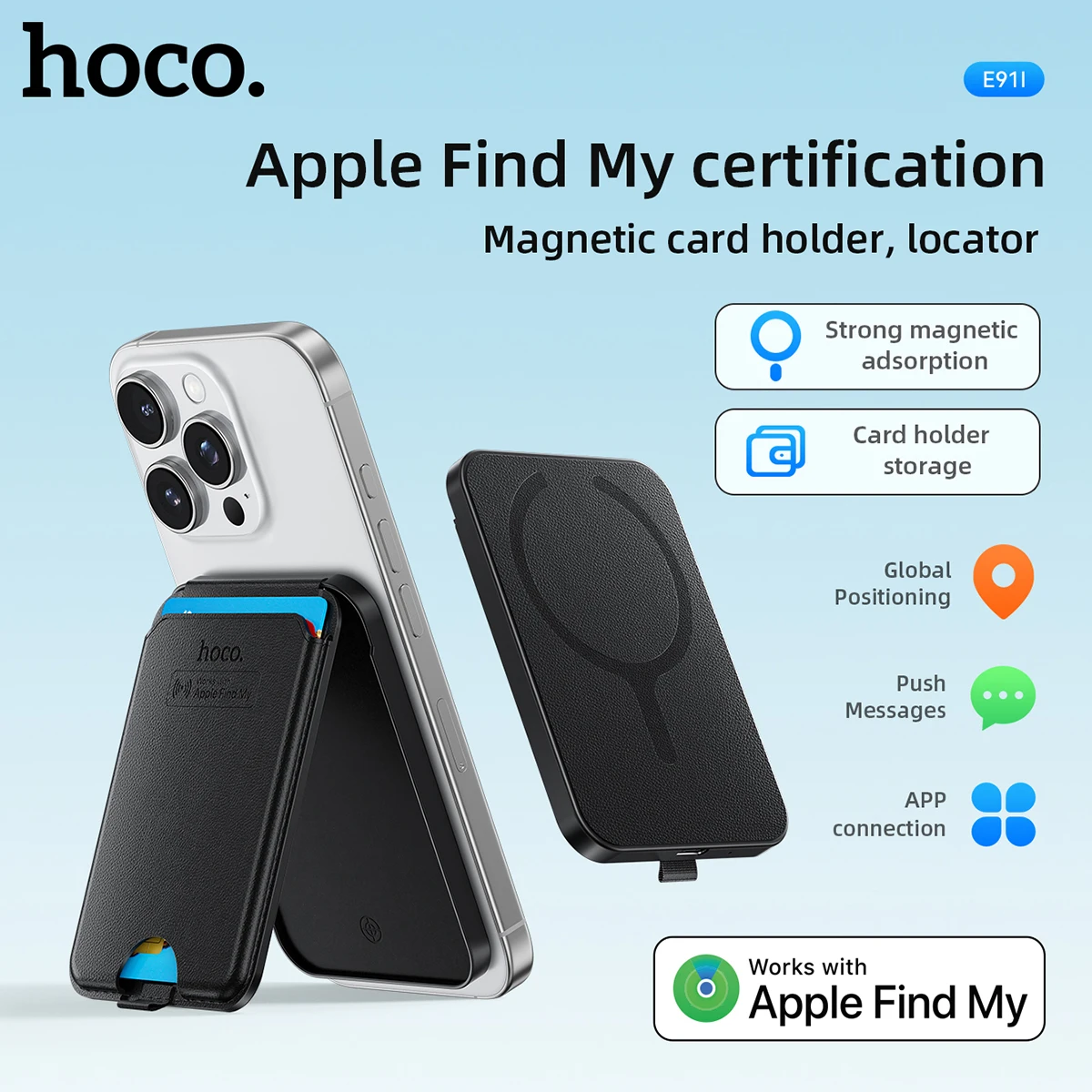 Soporte magnético para tarjetas de identificación HOCO E91I con dispositivo antipérdida inteligente, soporte para teléfono, localizador recargable, rastreadores para IOS Find My Network