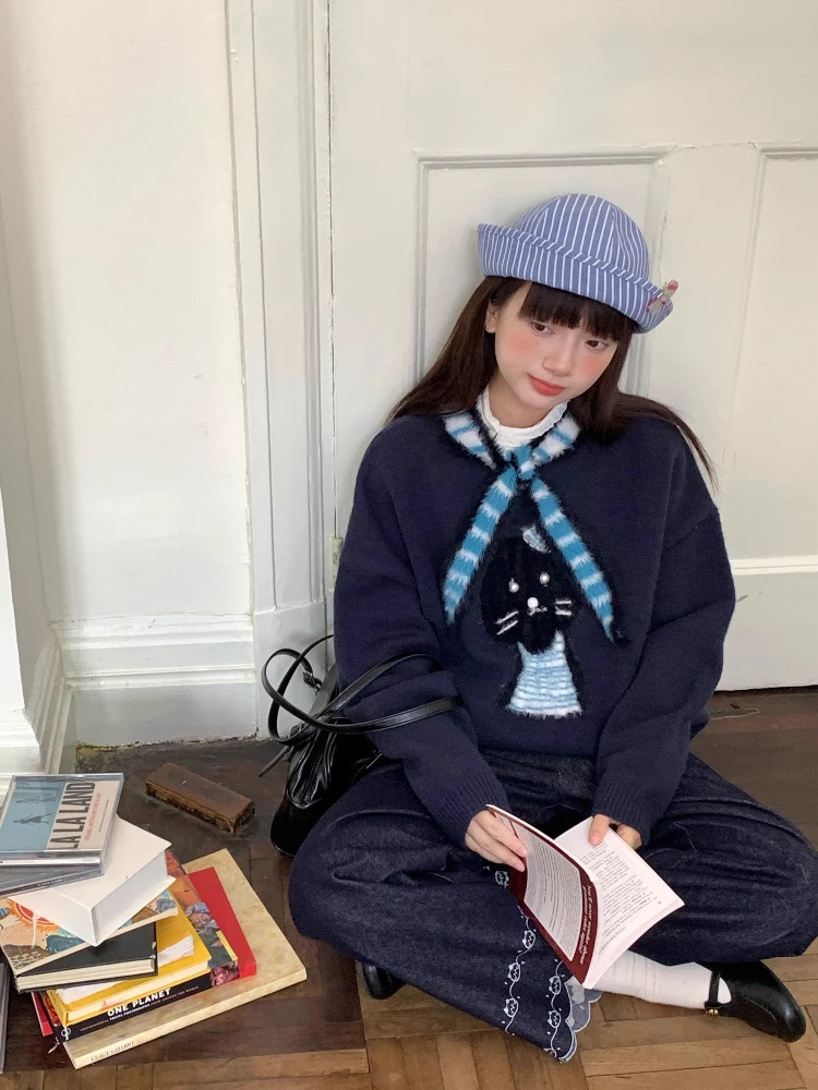 ヴィンテージスカーフカラーニットトップ女性のネイビーブルーゆったり猫ジャカードセーター秋冬パッチワークオーバーサイズプルオーバーニットウェア