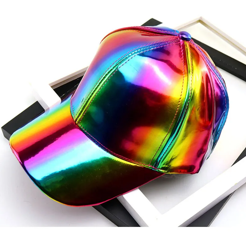 Women Men Faux Leather Baseball Cap Glitter Metallic Holographic Rainbow Reflective Hip Hop Adjustable Strapback Peaked Hat