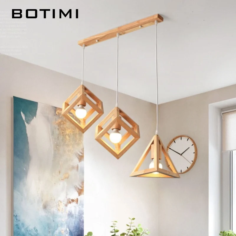 

BOTIMI Triple Wood Pendant Lights For Dining Wooden Bedside Single Kitchen Luminaire Island Hanging Lamp