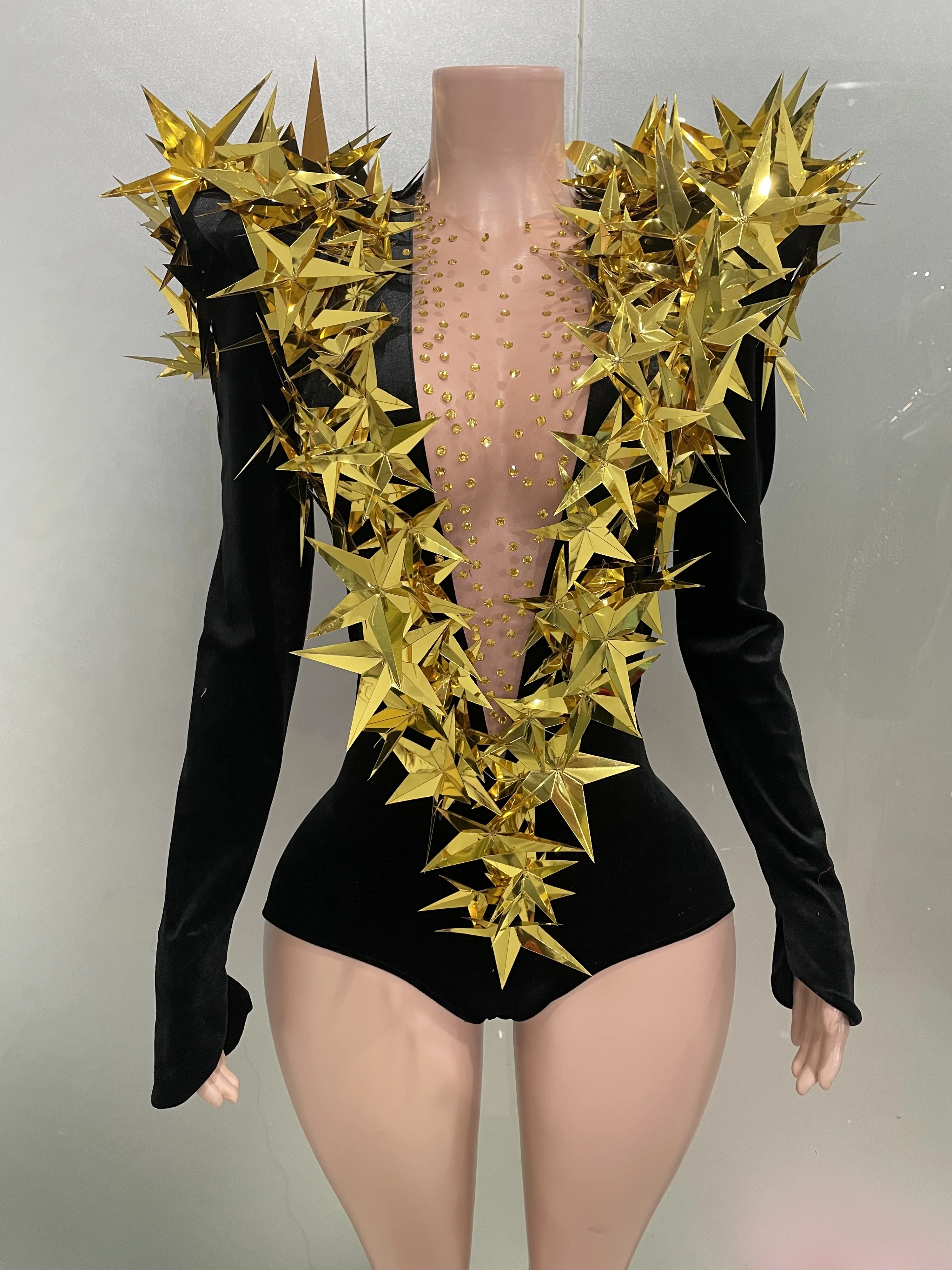 2025 Women Shiny Gold Rhinestone Black Velvet Long Sleeve Bodysuit Evening Party Club Gala Hosts Night Club Bar Stage Costumes