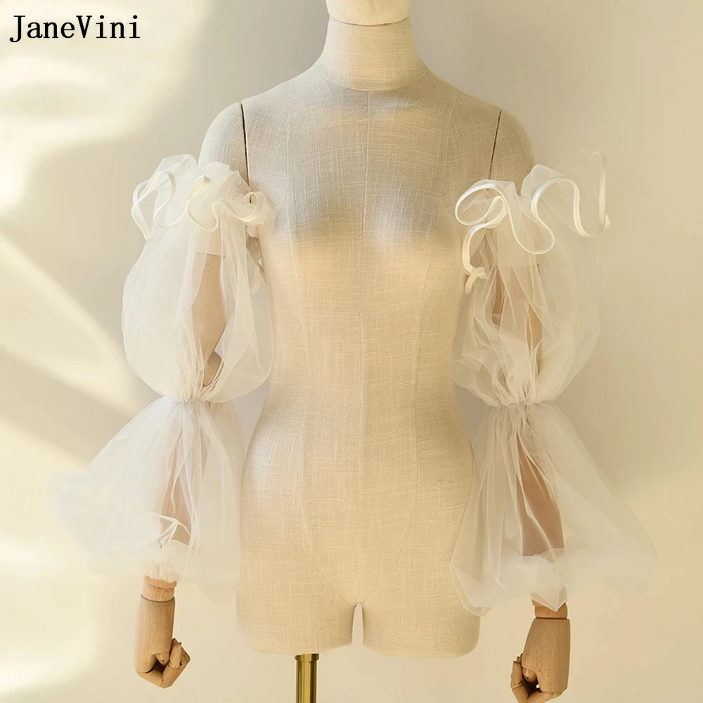 

JaneVini Off White Bridal Detachable Sleeves Translucent Tulle Long Gloves Ruffles Wedding Arm Cover Sleeves for Wedding Dress