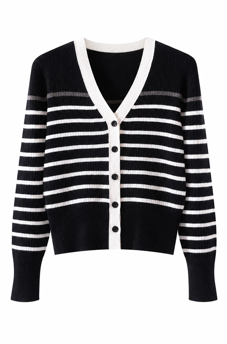 MZ62028 Damen Vintage Gestreifter V-Ausschnitt Gerippter Strick Langarm-Cardigan mit Kontrastbesatz Knopfleiste Modal-Mischung Frühherbst-Pullover – Detail 14