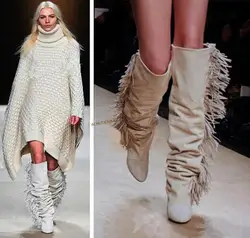 ALMUDENA Women Knee High Suede Fringe Boots Black White Wedged Tall Boots Brand Fashion Women Motorcycle Tassel Boots Dropship