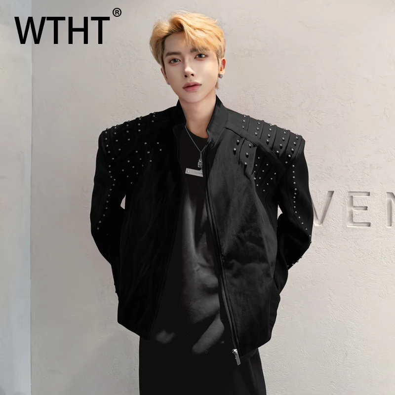 

WTHT модное мужское однотонное пальто с заклепками и подплечниками, модные уличные куртки в американском стиле, мужские осень 2023, 2A2144