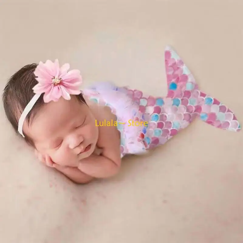Y4QA Photoshooting Props for Baby Shower Gift Newborn Costume Flower Headband & Mermaids Romper Photography Clothing 2PCS
