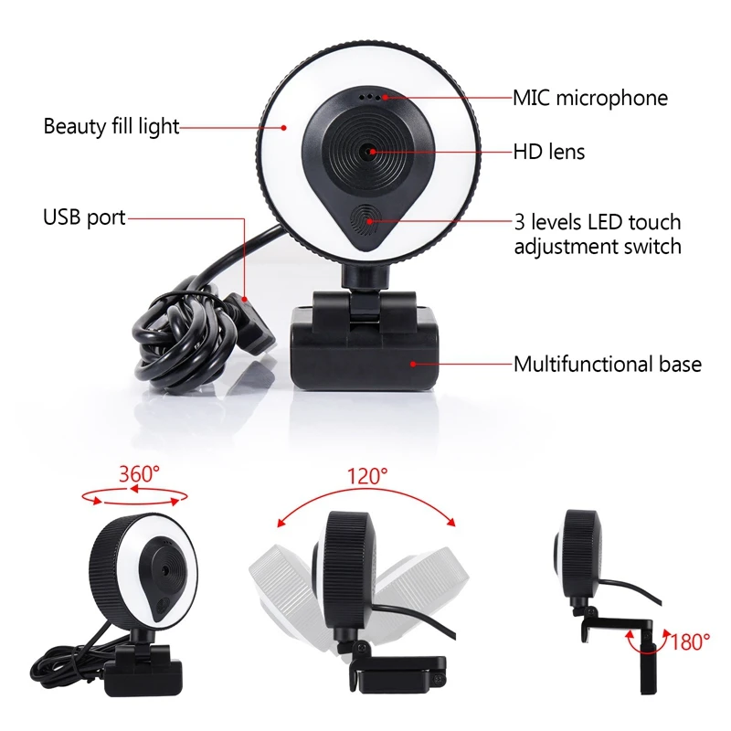 W20 Fill Light Camera HD Built-In Microphone Auto Focus USB Computer Fill Light Network Beauty Live Camera