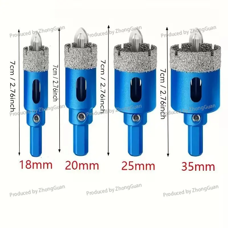 4-piece Diamond Brazed Hole Saw Set - Wet/dry Use - Ideal for Glass, Marble, Granite, Stone, and Porcelain