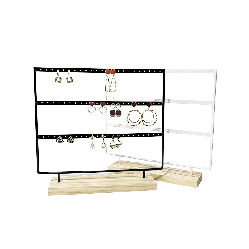 Metal 6 Layers Earring Display Holder Ear Stud Display Rack Wood Base 3-Tiers 69 Holes Jewelry Storage Organizer Stand Reusable