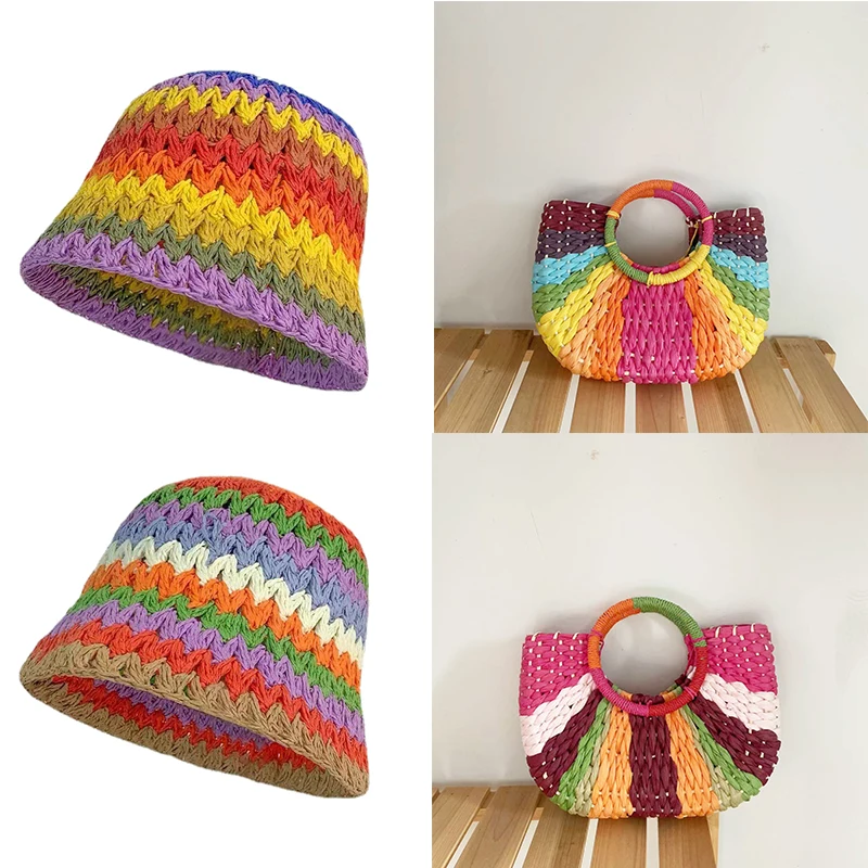 Nowa słomiana zestaw kapeluszy kolorowa pleciona trawa i kolorowa czapka w paski zestaw kapeluszy styl boho moda elegancki kapelusz przeciwsłoneczny wiaderko plażowe kapelusz