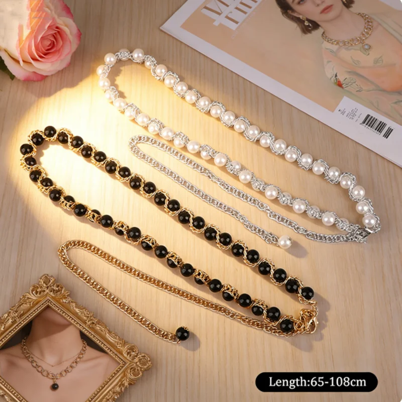 Cinturón de perlas versátil para mujer - Cinturón elástico ajustable, se puede usar como cinturón funcional o como pieza decorativa para superponer.