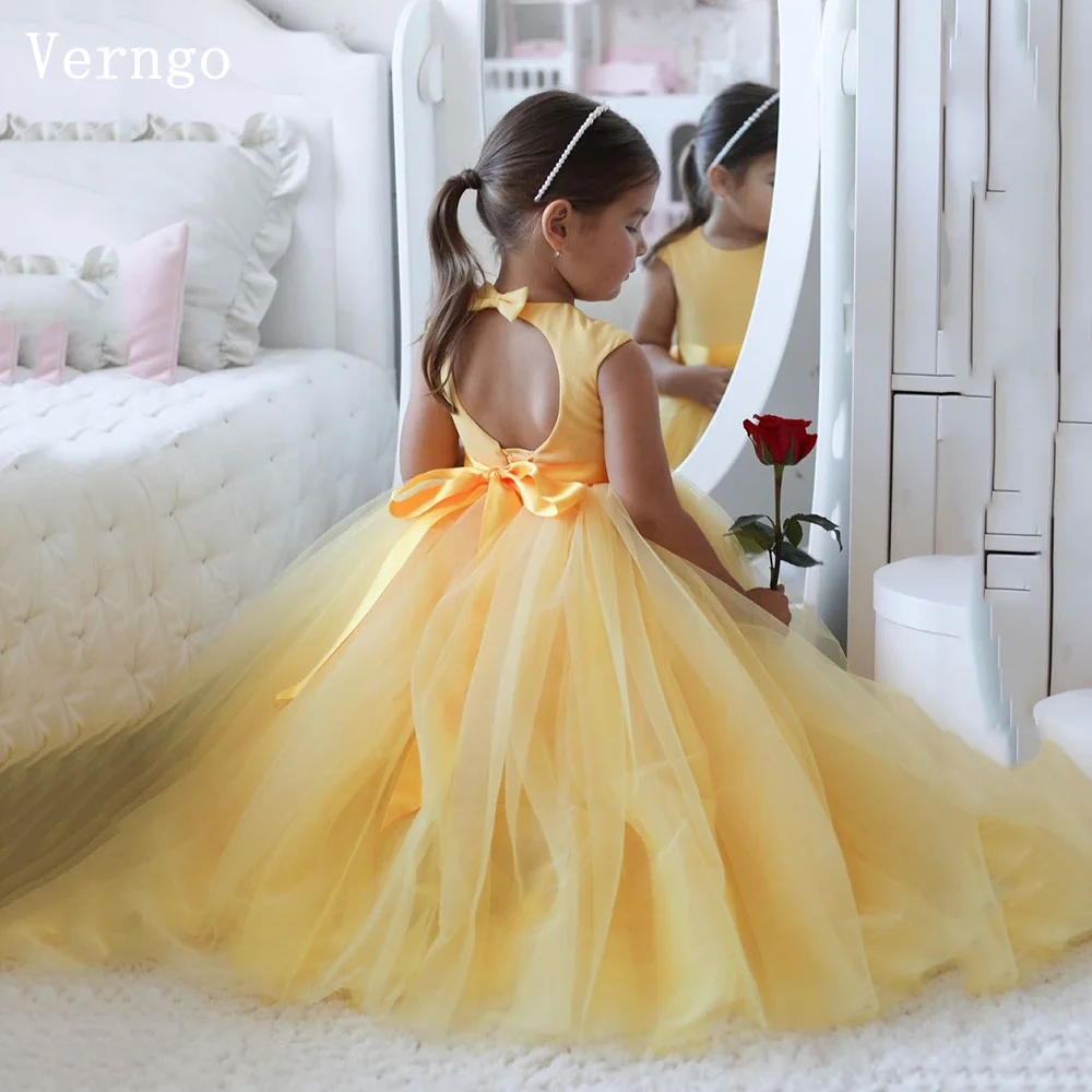 

Verngo Yellow Tulle Girl Flowers Dress Halter Backelss A Line Kid Birthday Party Dress Princess Tutu Dress Customized