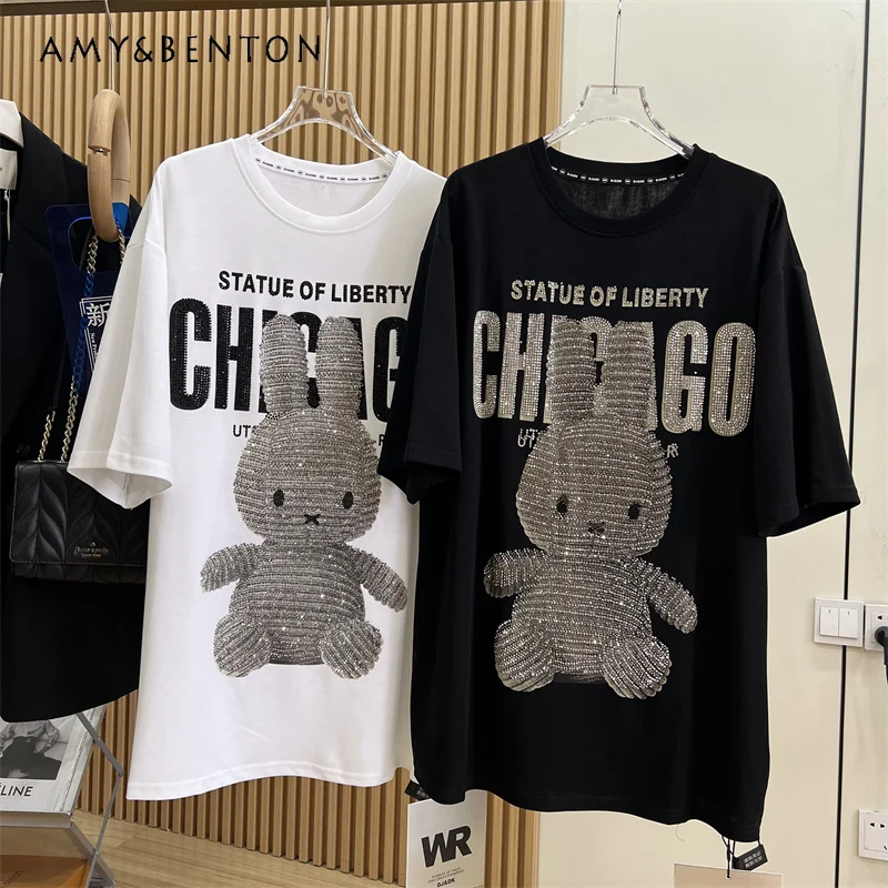 Light Luxury Heavy Embroidery Hot Drilling Cartoon Printed Loose T Shirt American Street Round Neck Short Sleeve Oversized Tops