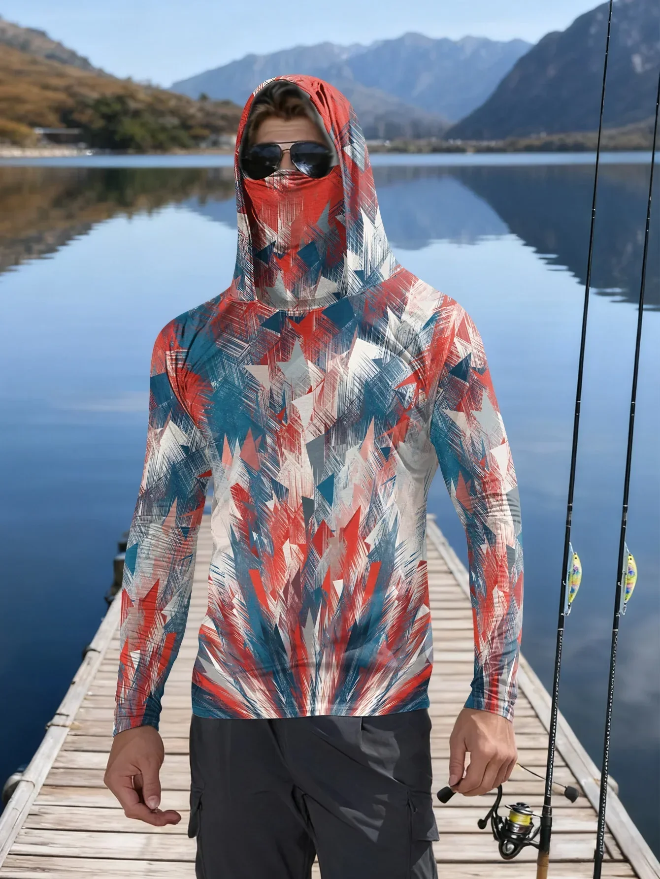 MensHoodedFace Mask Geometric Camo Fishing Shirts Quick Dry Breathable Lightweight Long Sleeve Angling UV Protection Casual Pick