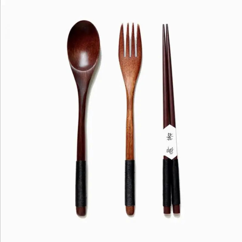 Innocuous high quality Set Wooden Spoon+Fork+Chopsticks+Cloth Bag Bamboo Kitchen Cooking Utensil Tool Soup Teaspoon Catering