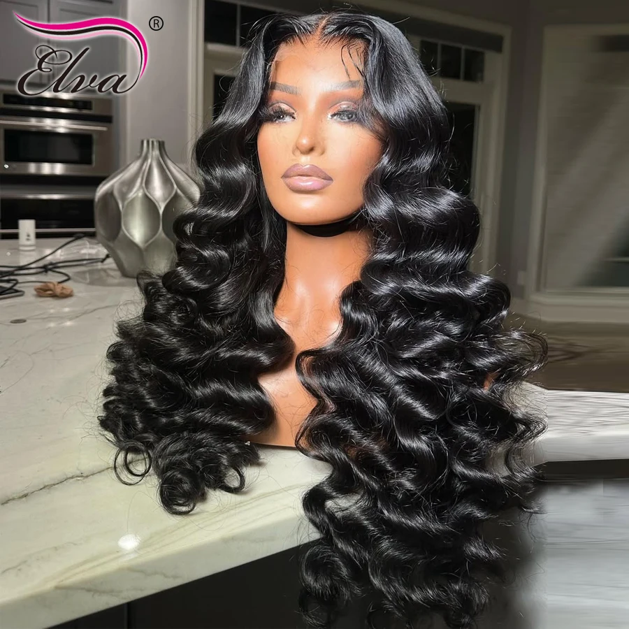 Волосы Elva 250% Плотность Невидимый HD Парик Шнурка Натуральный Черный Парик Человеческие Волосы HD Парик Фронта Шнурка Предварительно Сорванные Отбеленные Узлы HD Парики