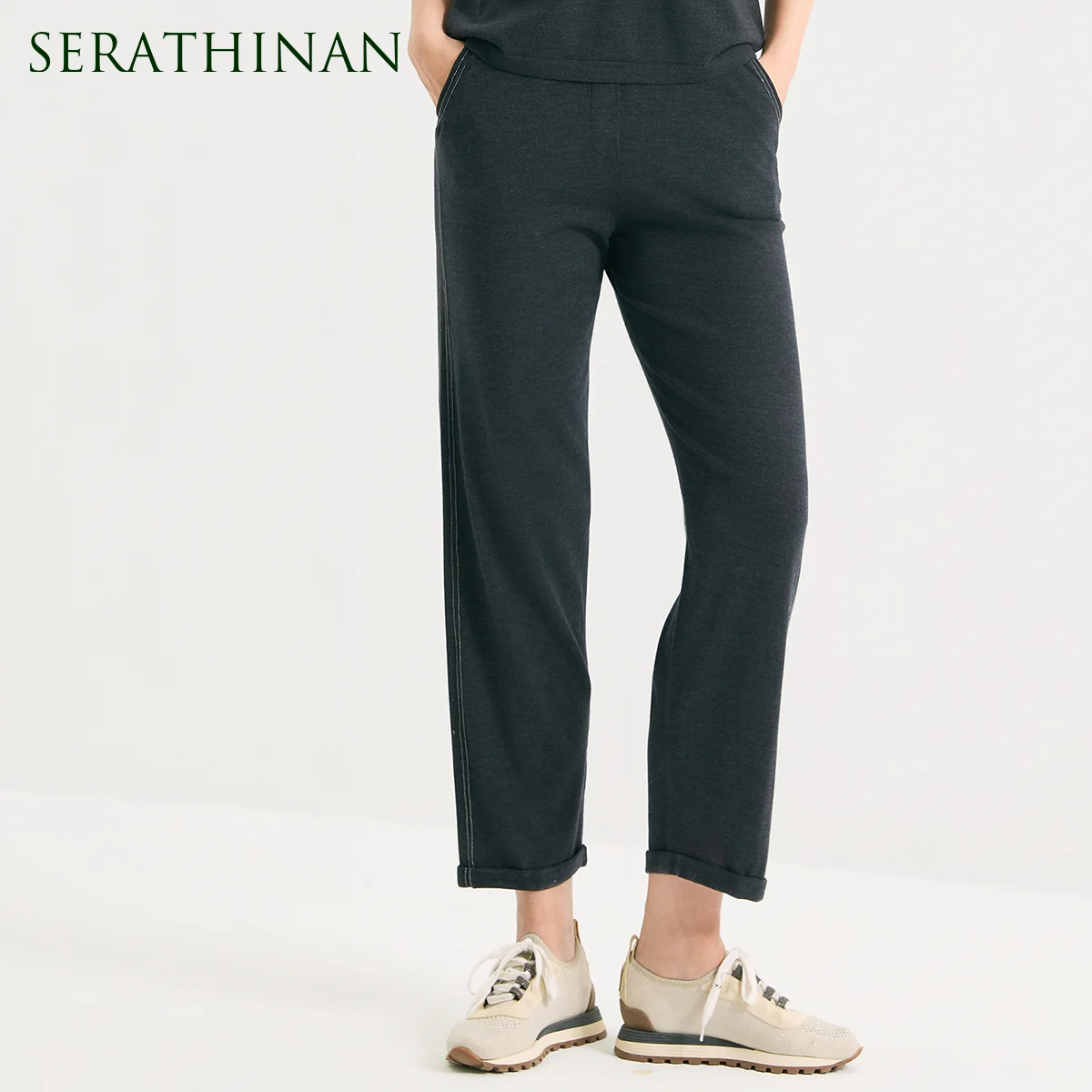 

BY3611519 Elegant Wool Silk Blend Pants Women's French Style Plain Knit Luxury Simple Soft Female Trousers