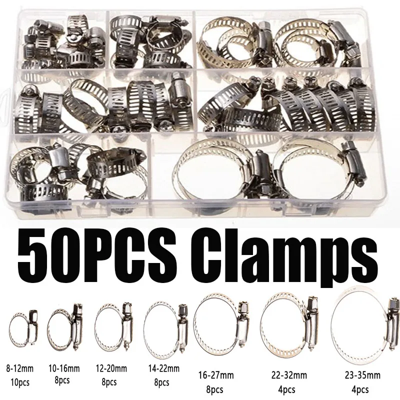 

50pcs 8-35mm Drive Hose Clamp Tri Stainless Steel Clamp Adjustable Auto Fuel Line Pipe Worm Gear Clip Tube Fastener Spring Clip