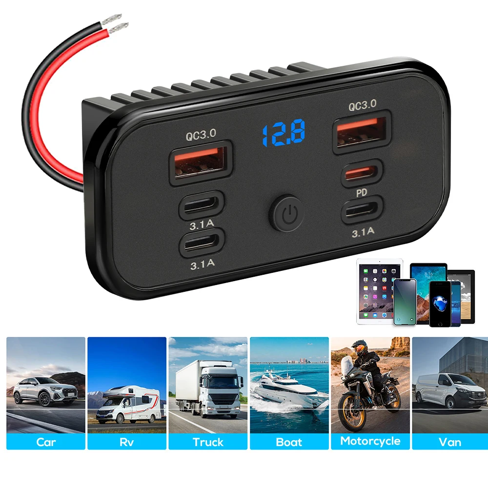 12V-24V 4 Ports Dual USB PD3.0 QC3.0 Steckdose 76W Typ-C Schnellladepanel Wandmontage-Ladeadapter für Marine Bus ATV LKW RV