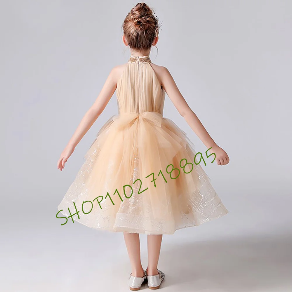 Vestido de tul moderno con cuello Halter para niña, vestidos escalonados de princesa para fiesta de boda, vestido Formal de cumpleaños para niños, nuevo