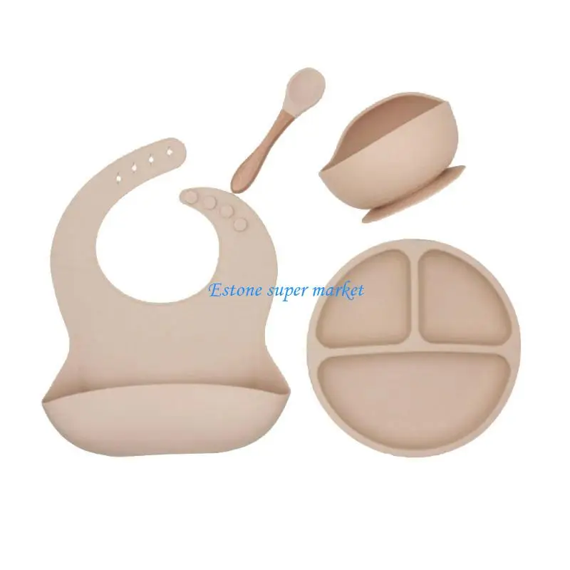 090B مجموعة من ملحقات السيليكون لحديثي الولادة مرايل إطعام وطبق عشاء ووعاء وملعقة #4