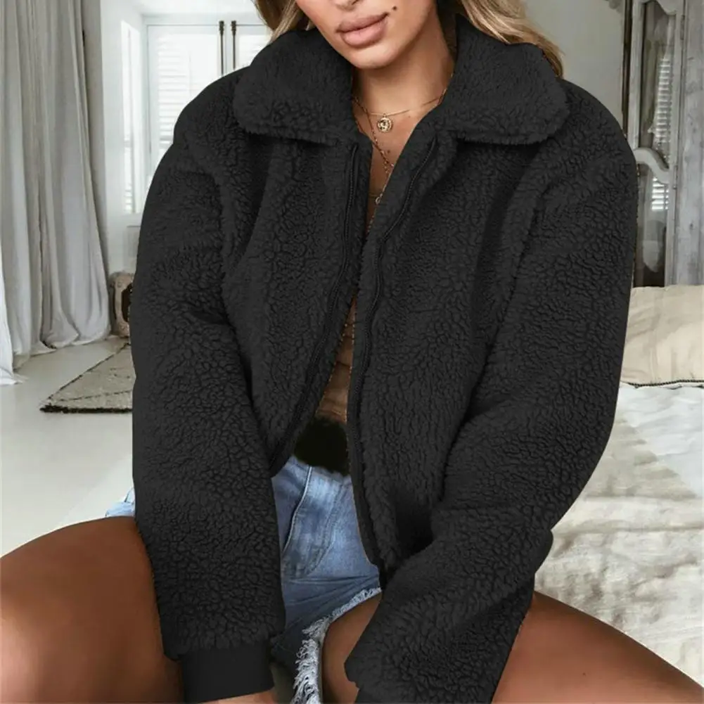 Winter Women Coat Thick Plush Solid Color Long Sleeve Casual Female Short Jacket Zip Up Pockets Lapel Elegant Women Outerwear